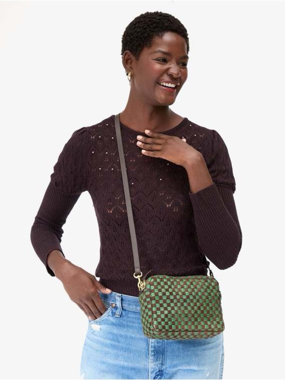 NEW CLARE V. women's midi sac suede woven checker crossbody bag in deep pine/cho